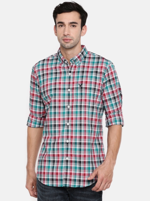 

AMERICAN EAGLE OUTFITTERS Men Green & Red Slim Fit Checked Casual Shirt