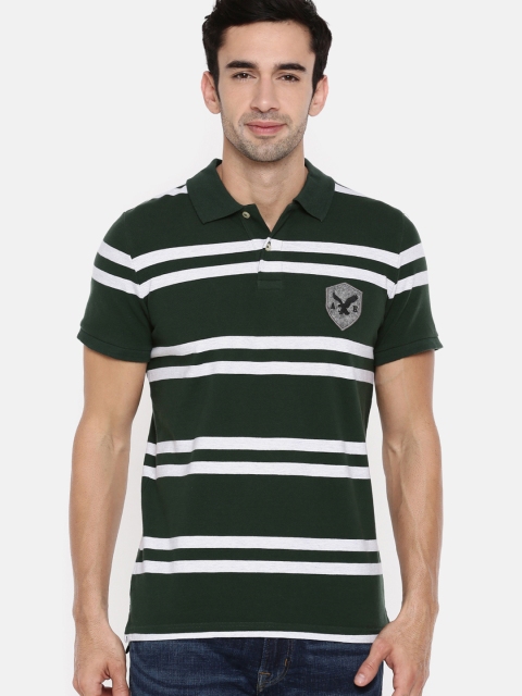 

AMERICAN EAGLE OUTFITTERS Men Green & White Striped Polo Collar T-shirt