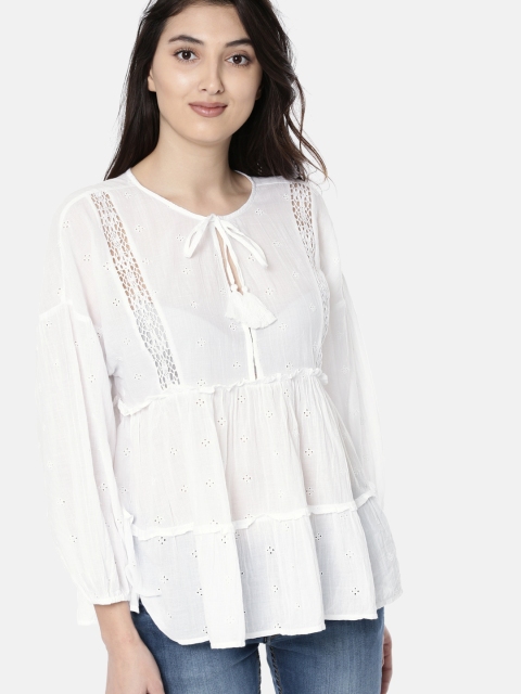 

AMERICAN EAGLE OUTFITTERS Women White Self Design Pure Cotton Top