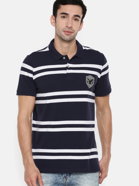 

AMERICAN EAGLE OUTFITTERS Men Navy Blue Striped Polo Collar T-shirt