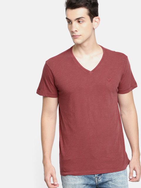 

AMERICAN EAGLE OUTFITTERS Men Rust Red Solid V-Neck T-shirt