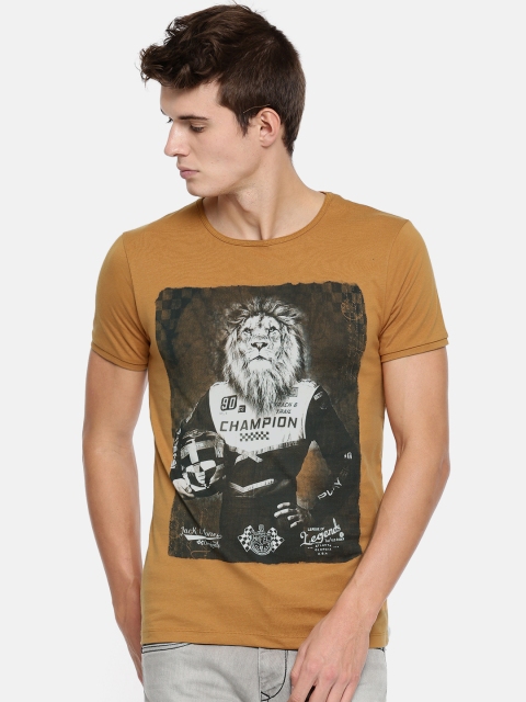 

Jack & Jones Men Mustard Brown Printed Round Neck T-shirt