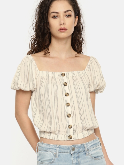 

AMERICAN EAGLE OUTFITTERS Women Beige & Black Striped Blouson Crop Top