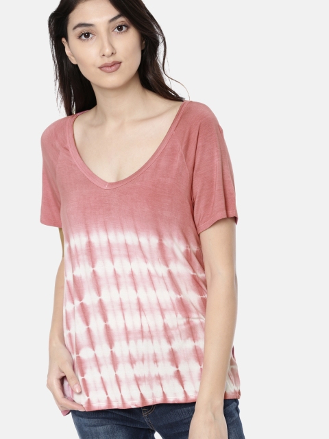 

AMERICAN EAGLE OUTFITTERS Women Pink Dyed V-Neck T-shirt