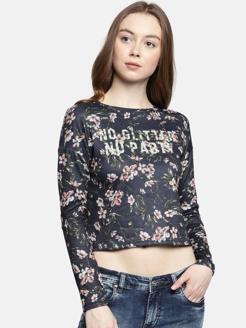 

Deal Jeans Women Navy Blue Floral Print Crop Top