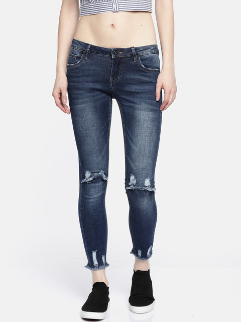

Deal Jeans Women Navy Blue Slim Fit Mid-Rise Slash Knee Cropped Jeans