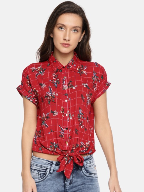 

Deal Jeans Women Red Regular Fit Printed Casual Tie-Up Shirt