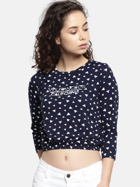 

Deal Jeans Women Navy Blue Printed Cinched Waist Crop Top