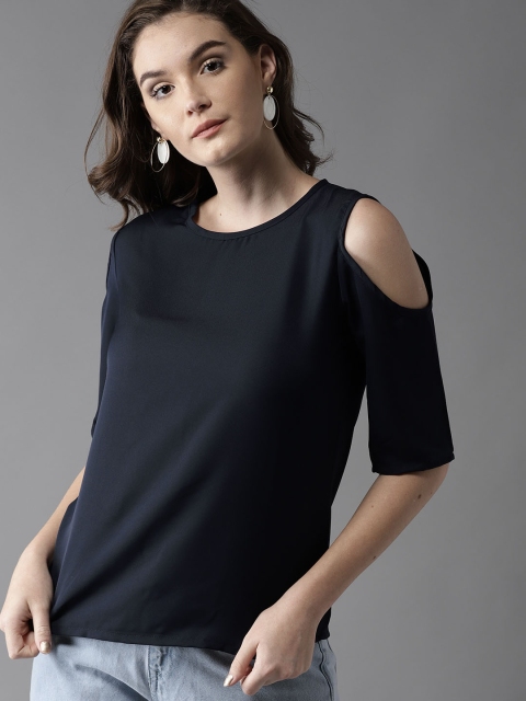 

HERE&NOW Women Navy Solid Cold-Shoulder Top, Navy blue