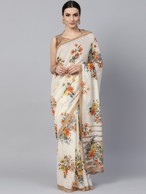 

Inddus Off-White & Orange Printed Saree