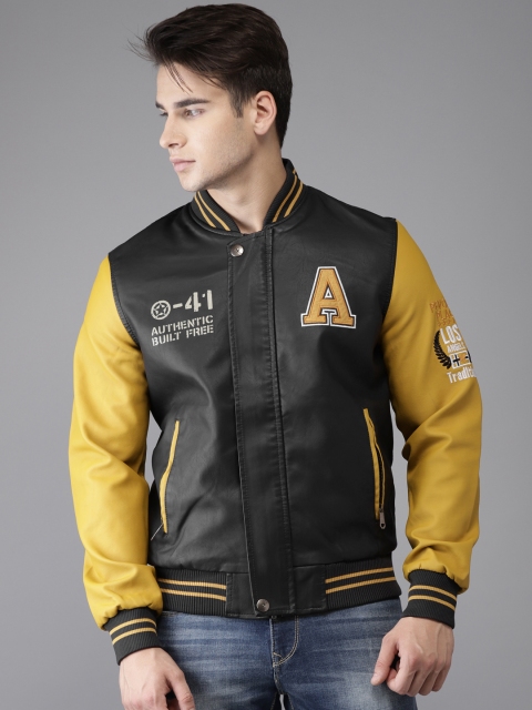 

The Indian Garage Co Men Black & Mustard Yellow Embroidered Varsity Jacket