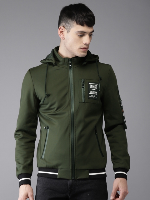 

The Indian Garage Co Men Olive Green Solid Bomber with Detachable Hood