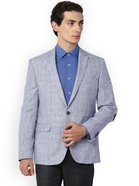 

Van Heusen Men Blue & Grey Checked Single-Breasted Slim Fit Linen Formal Blazer