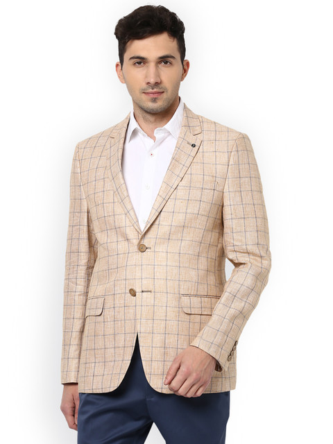 

Van Heusen Men Beige Linen Checked Single-Breasted Slim Fit Formal Blazer