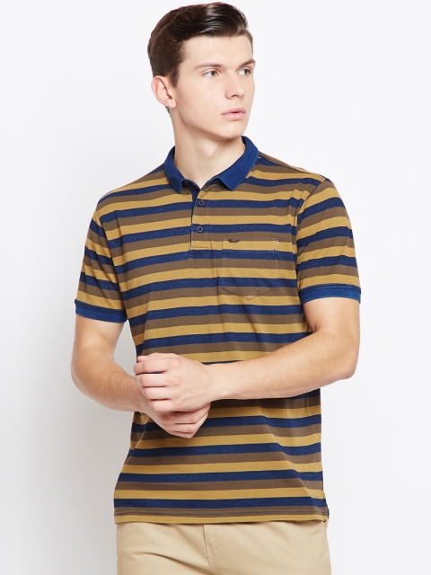 

Crimsoune Club Men Mustard & Brown Striped Polo Collar T-shirt