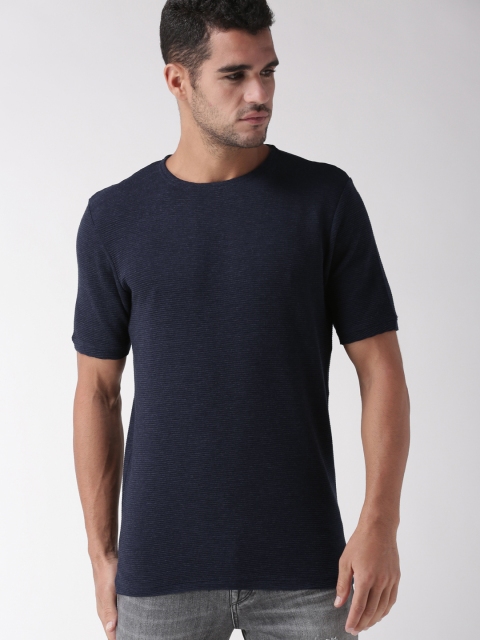 

SELECTED Men Navy Blue Self Striped Round Neck T-shirt