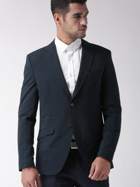 

SELECTED Men Navy Blue Striped Single-Breasted Formal Blazer
