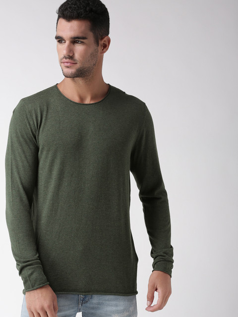 

SELECTED Men Olive Green Solid Round Neck T-shirt