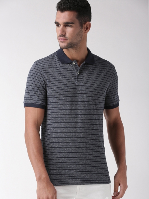 

SELECTED Men Navy Blue Striped Polo Collar T-shirt