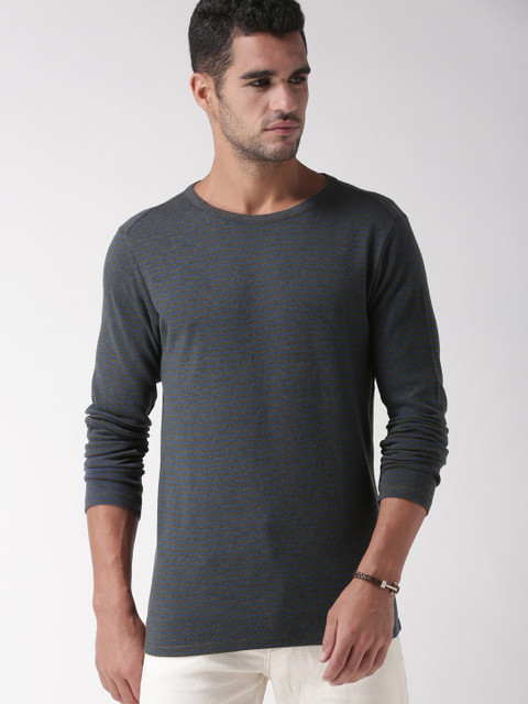 

SELECTED Men Grey Navy Striped Round Neck Pure Cotton T-shirt