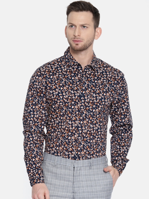 

SELECTED Men Navy Blue & Rust Orange Slim Fit Printed Semiformal Shirt