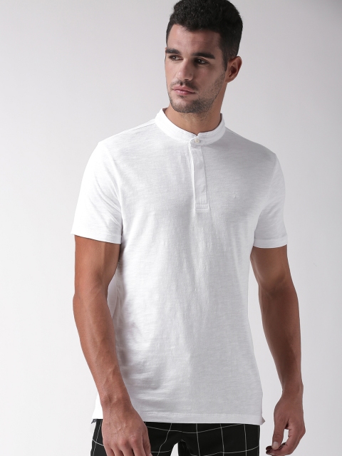 

SELECTED Men White Solid Mandarin Collar Pure Cotton T-shirt
