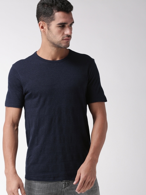 

SELECTED Men Navy Blue Self Striped Round Neck T-shirt