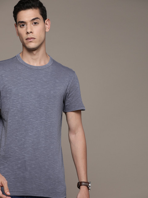 

SELECTED Men Blue Solid OVERDYE Slim Fit Round Neck Pure Cotton T-shirt