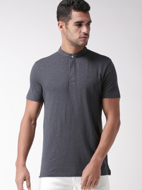 

SELECTED Men Blue Slim Fit Solid Mandarin Collar T-shirt