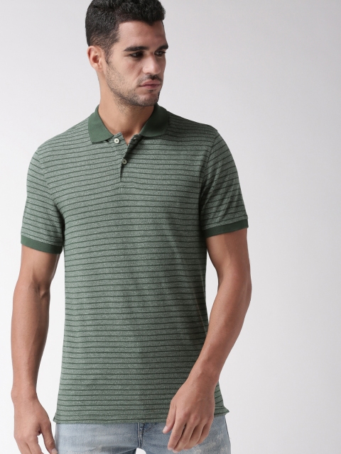 

SELECTED Men Green Striped Polo Collar T-shirt