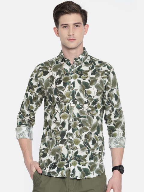 

SELECTED Men White & Olive Green Slim Fit Printed Casual Shirt