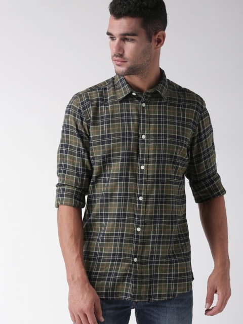 

SELECTED Men Navy Blue & Olive Green Slim Fit Checked Casual Shirt