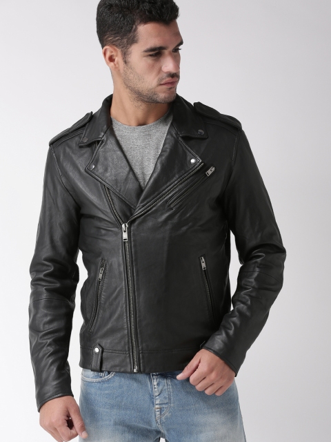 

SELECTED Men Black Solid Leather Biker Jacket