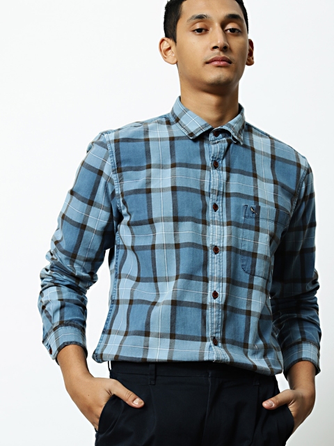 

Mr Bowerbird Men Indigo Yarn Dyed Tailored Fit Checked Casual Shirt, Blue