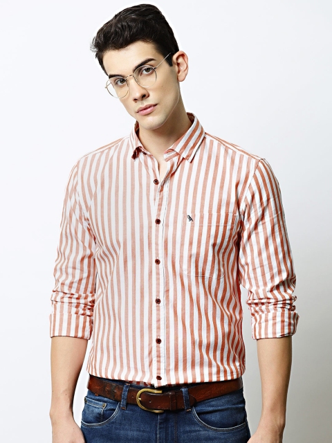 

Mr Bowerbird Men White & Coral Pink Tailored Fit Striped Casual Shirt