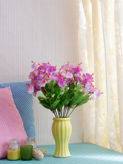 

Fourwalls Set Of 2 Purple & Green Artificial Hibiscus Flower Bunches without pot