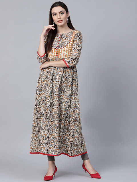 

Jaipur Kurti Women Mustard Yellow & Beige Printed A-Line Kurta