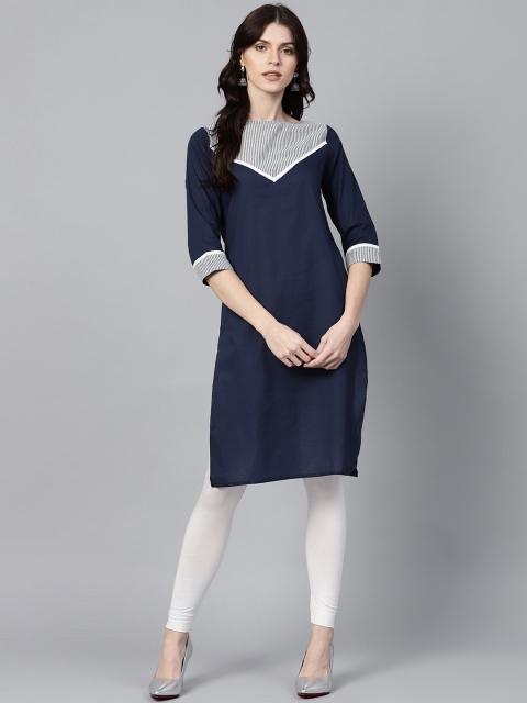 

Jaipur Kurti Women Navy Blue Yoke Design Straight Kurta