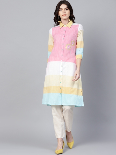 

Jaipur Kurti Women Pink & Yellow Colourblocked Straight Kurta