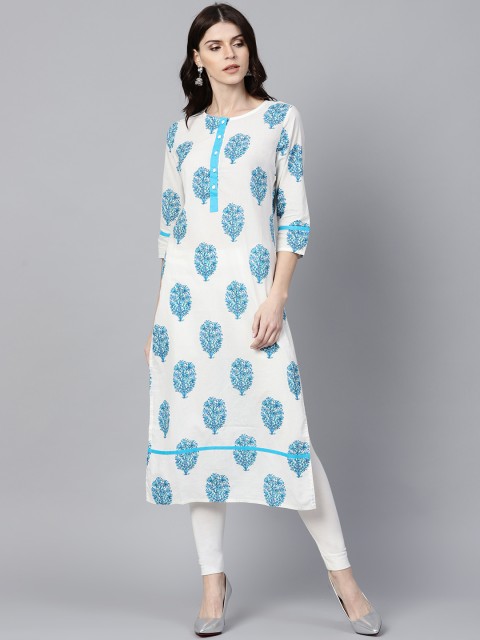 

Jaipur Kurti Women White & Blue Printed Straight Kurta