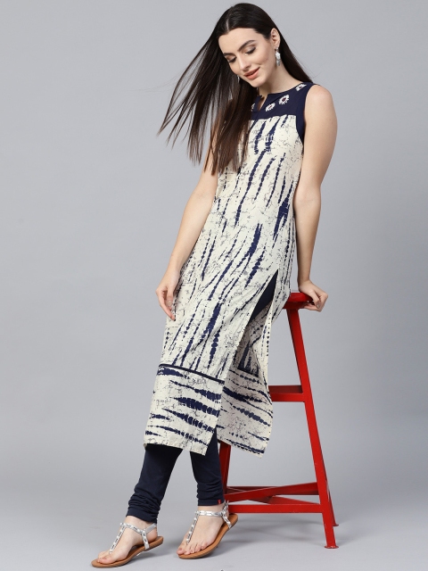 

Jaipur Kurti Women Off-White & Navy Blue Printed Straight Kurta