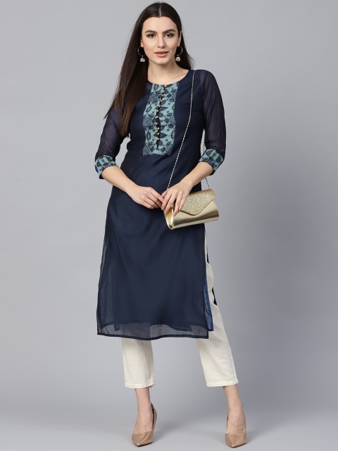 

Jaipur Kurti Women Navy Blue Solid Straight Kurta