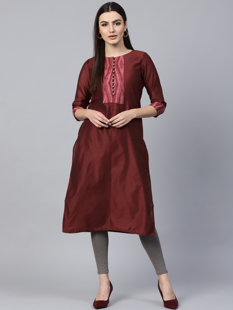 

Jaipur Kurti Women Maroon Yoke Design Straight Kurta