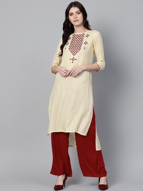

Jaipur Kurti Women Cream-Coloured & Maroon Solid Kurta with Palazzos
