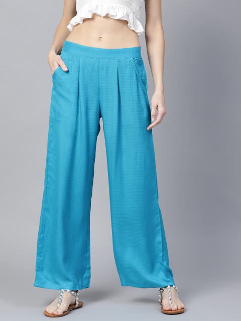 

Jaipur Kurti Women Turquoise Blue Striped Wide Leg Palazzos