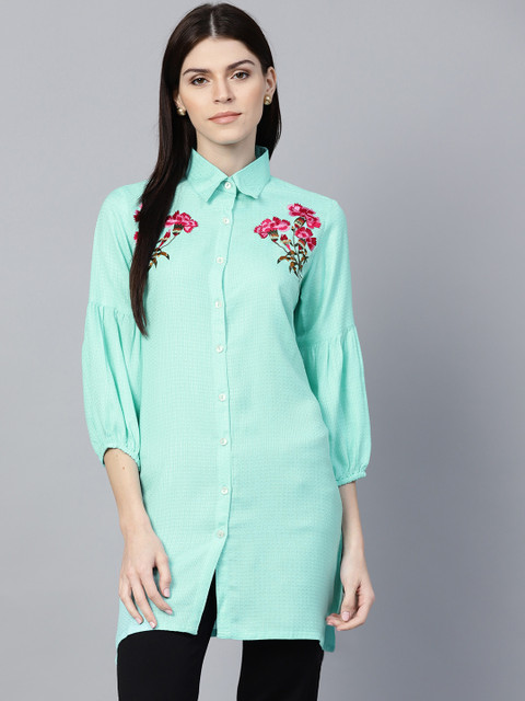 

Jaipur Kurti Women Blue Regular Fit Self-Striped Casual Longline Shirt
