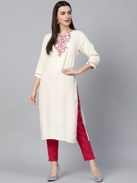 

Jaipur Kurti Women Cream-Coloured & Magenta Solid Kurta with Trousers