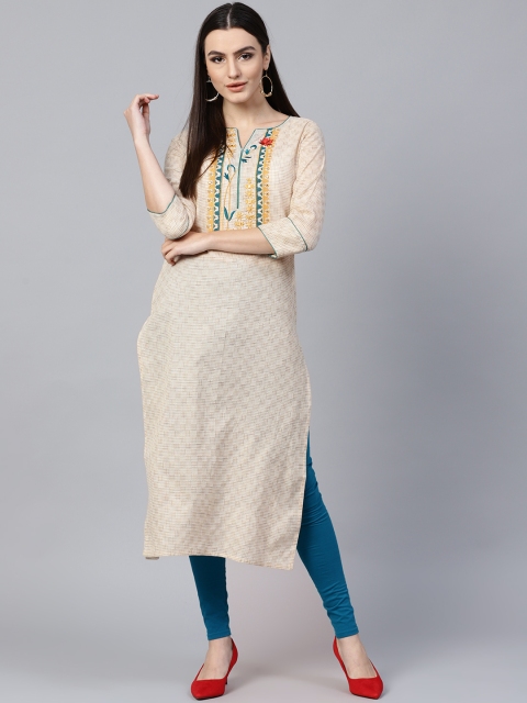 

Jaipur Kurti Women Beige Checked Straight Kurta