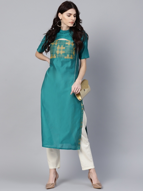 

Jaipur Kurti Women Green Yoke Design Straight Kurta