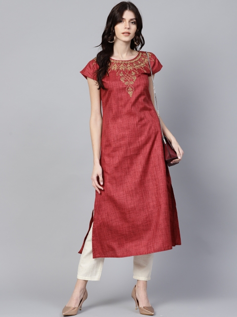 

Jaipur Kurti Women Rust Red Yoke Design A-Line Kurta